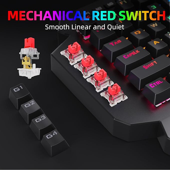 HUO JI Wireless One Handed Mechanical Gaming Keyboard 6 Onboard Macro Keys 2.4Ghz and USB-C Wired Dual Mode RGB Led Backlit Red Switch Wrist Rest Durable Battery