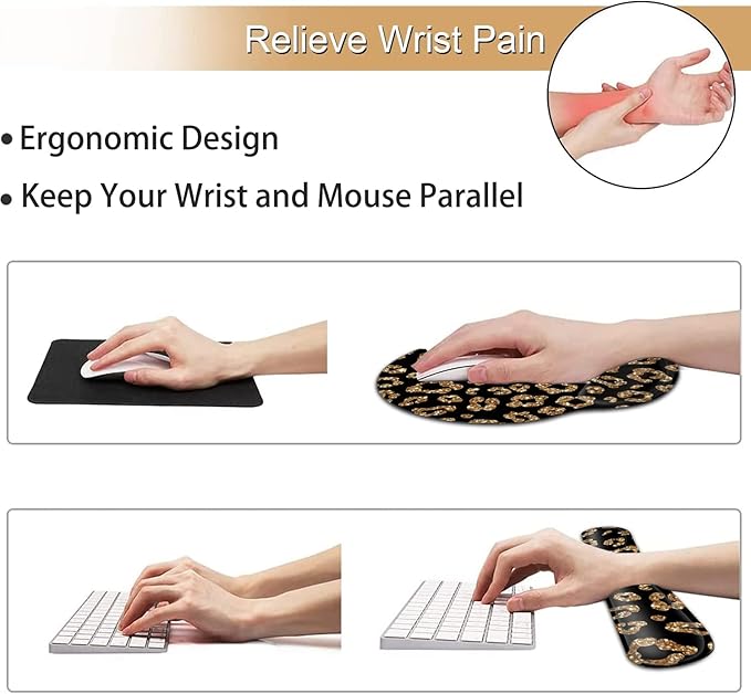 Ergonomic Mouse Pad Gel Wrist Support and Memory Foam Keyboard Wrist Rest Set for Gaming Computer Office Laptop Easy Typing Wireless Mouse Mat Gold Glitter Leopard Black Office Desk Pad