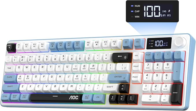 AOC GK210 Wireless Gaming Keyboard with Display &amp Knob Tri-Mode BT5.0/2.4GHz/Wired Connectivity RGB Backlit Keyboard with Number Pad 98-Key Layout 26-Key Anti-Ghosting Compatible for Mac Wind