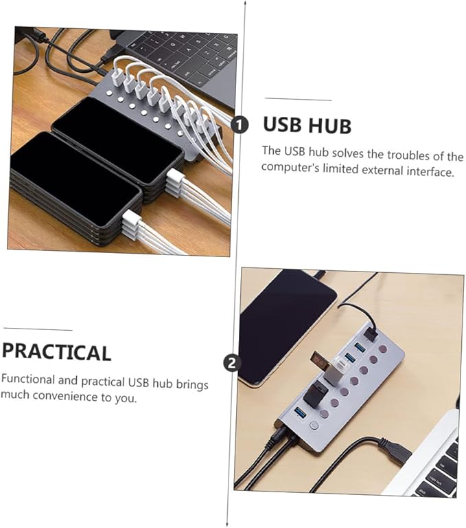 HOMSFOU 7-Port USB Hub Splitter 3.0 Independent Control USB Extender for Laptops and PCs Portable for Charging and Data Transfer