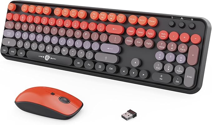 FOPETT Wireless Keyboard and Mouse Combo 104 Keys Full-Sized 2.4 GHz Round Keycap Colorful Keyboards USB Receiver Plug and Play for Windows Mac PC Laptop Desktop (GradientOrange)