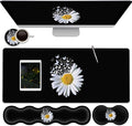 Ergonomic Keyboard Mouse Pad Wrist Rest Support Set Extended Gaming Mouse Pad Large XXL Mousepad + Memory Foam Wrist Rest Waterproof Office Desk Mat Writing Pad White Daisy Flowers Black Mousepad