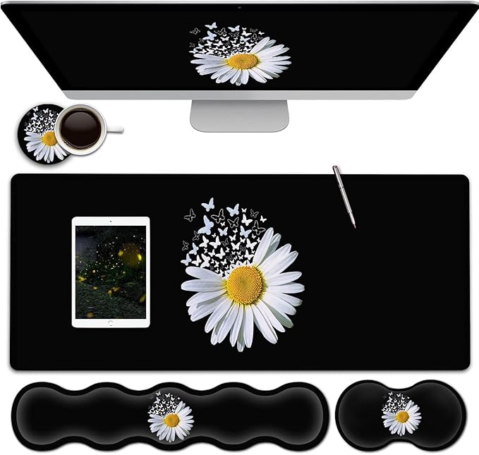 Ergonomic Keyboard Mouse Pad Wrist Rest Support Set Extended Gaming Mouse Pad Large XXL Mousepad + Memory Foam Wrist Rest Waterproof Office Desk Mat Writing Pad White Daisy Flowers Black Mousepad
