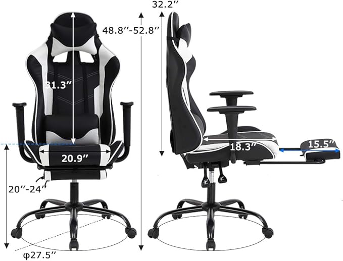 BestOffice PC Gaming Chair Racing Office Chair Ergonomic Desk Chair Massage PU Leather Recliner Computer Chair with Lumbar Support Headrest Armrest Footrest Rolling Swivel Task Chair for Adults White
