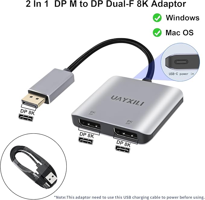 DisplayPort to Dual DP Adapter 8K@60Hz DP Splitter 1 in 2 Out Extended Display MST for Dual Monitors Compatible with PC Graphic Card NVIDIA AMD