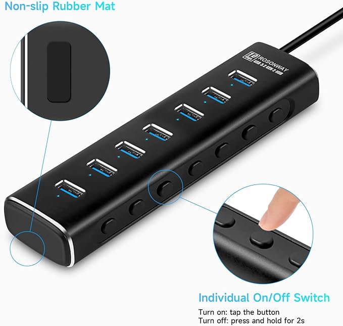 Powered USB Hub Rosonway 7 Ports USB 3.1/3.2 Gen 2 Hub 10Gbps with 3.3ft USB-A/USB-C Data Cable Individual Switches and 24W Power Adapter Aluminum USB C Hub for Laptop and PC RSH-A107