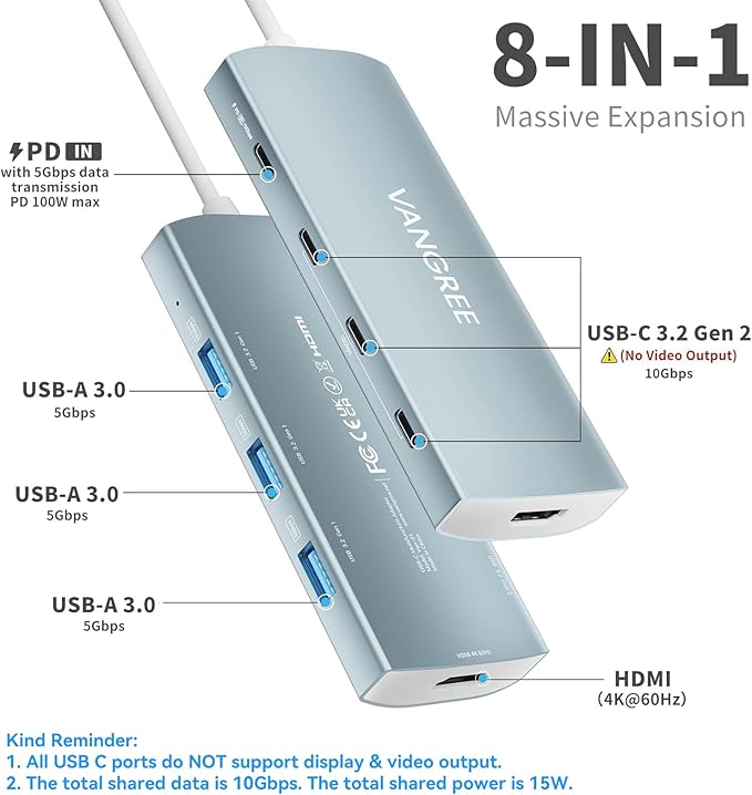 USB C Hub 8 in 1 Multiport Adapter 3 USB 3.2 Gen 2 Ports with 10Gbps 3 USB-A 3.0 5Gbps 4K@60Hz HDMI 100W PD USBC Splitter for MacBook Pro iPad Pro Mac mini and More(Not Support USB-C Monitor)