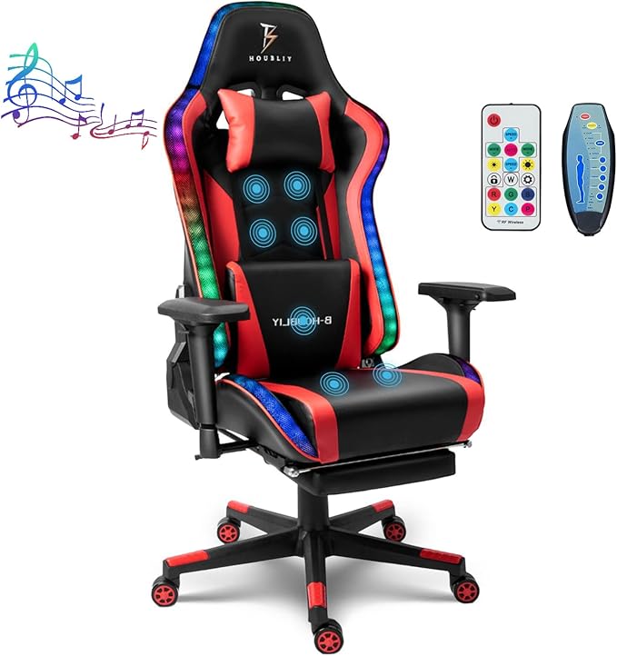 XOOFMASS 7-Point Massage Gaming Chair Video Gaming Chair with Speakers and RGB Lights Ergonomic Computer Chair with Footrest and Lumbar Support 180° Tilt High Back Office ChairRed