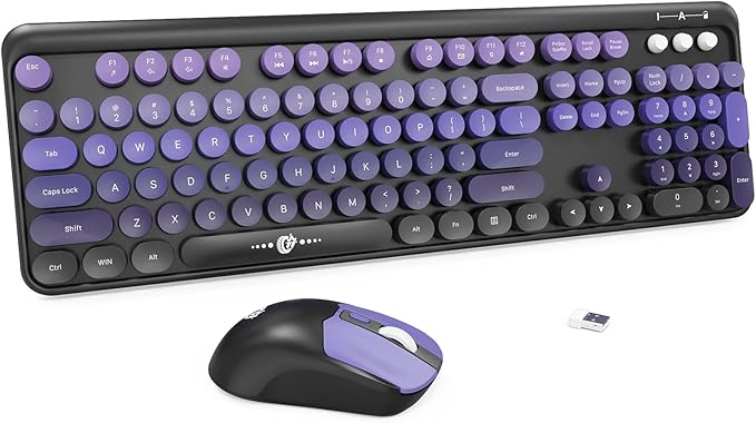 Wireless Keyboard and Mouse Combo 2.4 GHz Wireless Full-Sized Typewriter Keyboard with Round Keycaps for Windows Computer Desktop PC Laptop (BlackPurple)