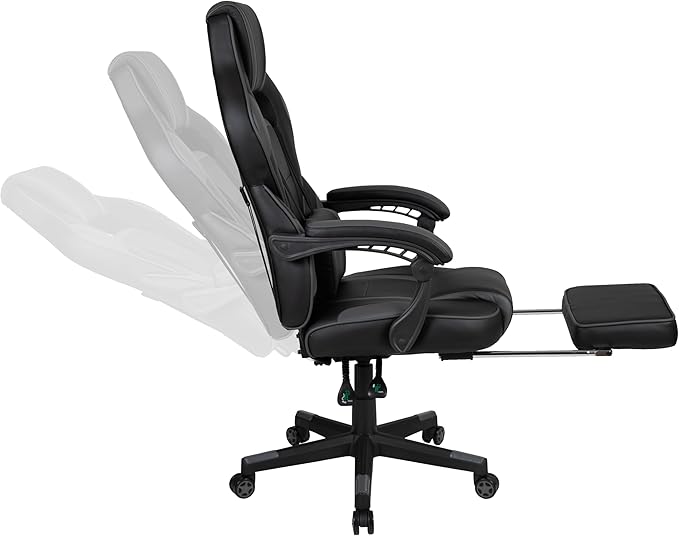 BizChair Black Gaming Desk with Cup Holder/Headphone Hook/2 Wire Management Holes &amp Black Reclining Back/Arms Gaming Chair with Footrest