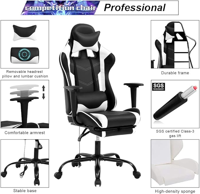SNANA Modern White Gaming Chair High Back PU Leather Ergonomic Adult 250 lbs Capacity 17.7 D x 26.4 W x 33 H