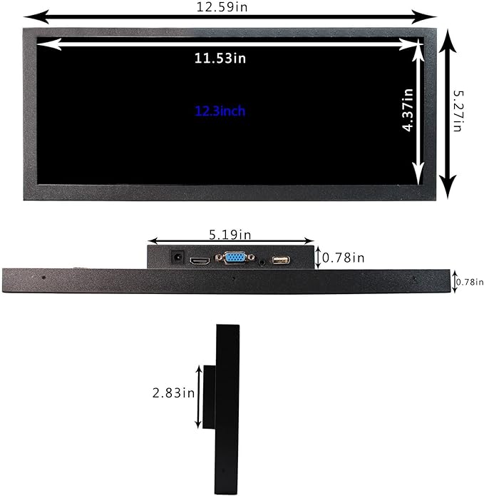 VSDISPLAY 12.3 inch 12.3'' 1920x720 600nit IPS Portable LCD Monitor VS123ZJ01Awith USB VGA Video PortDual Speakers as DIY Stretched Bar Display