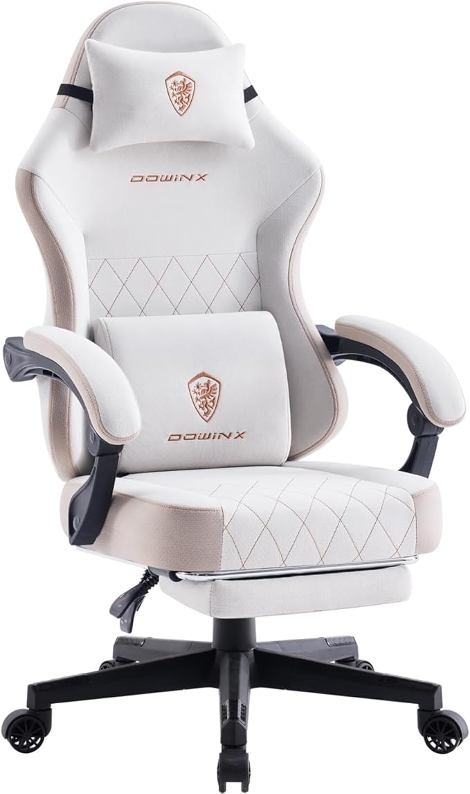 Dowinx Gaming Chair Fabric Gaming Chairs for Adults with Pocket Spring Cushions and Lumbar Support Ergonomic Massage Computer Chair with Footrest for Big and Tall Beige