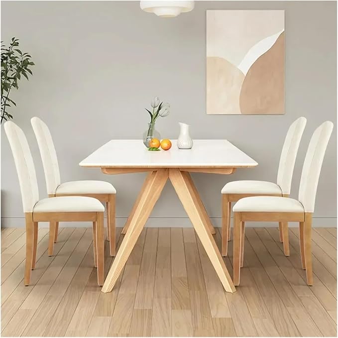 Adjustable Office Computer Chair with Armrest 1pcs No Armrests Upholstered Fabric Dining Room Chairs with Rubberwood Legs(Beige)