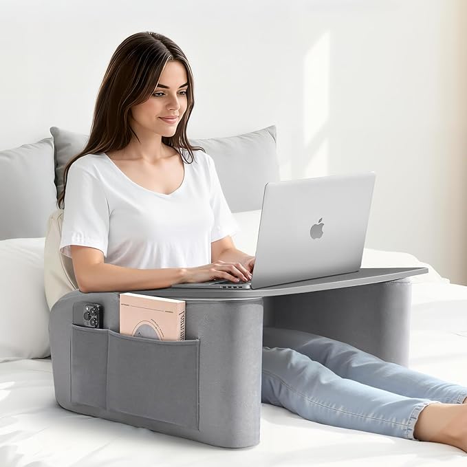 Reading Pillow for Gaming with Ergonomic Arm Rests Wooden Lap Desk for Laptop Support Pillow with Side Pockets for Reading Writing Working Gaming on Bed Couch or Floor (Gray Large)
