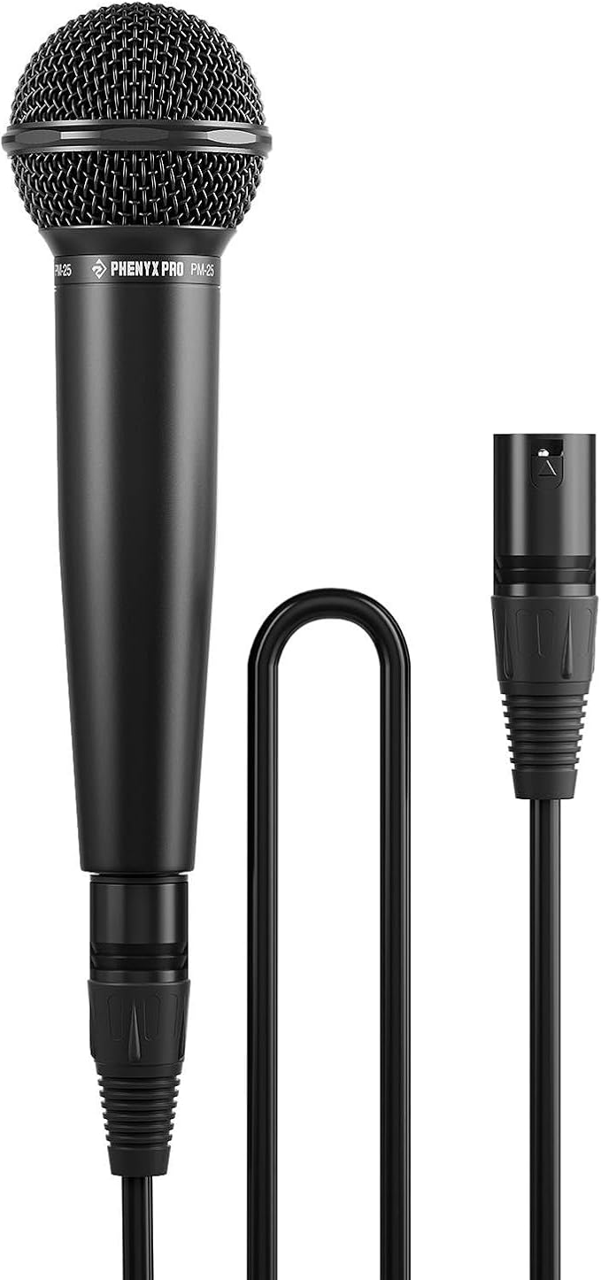 Phenyx Pro Dynamic Vocal Microphone Cardioid Microphone with 16.4 ft XLR Cable Mic Clip Storage Bag Wired Handheld Mic for Singing Stage Studio Karaoke (PM-25)