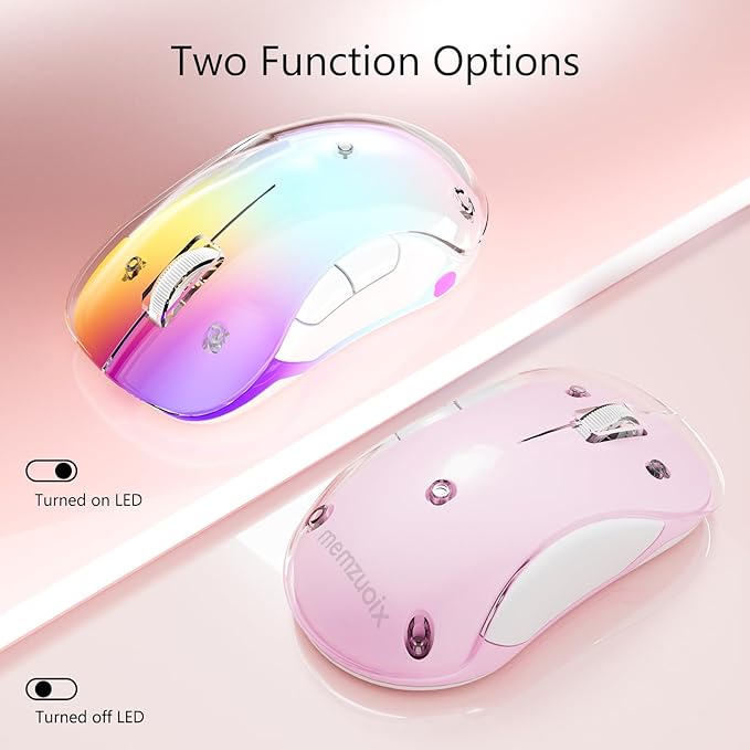 memzuoix 2.4G Wireless Mouse with Customizable Cover &amp 9-Color LED - Rechargeable Ergonomic 1400 DPI 5 Buttons USB Receiver for PC/Mac - Pink