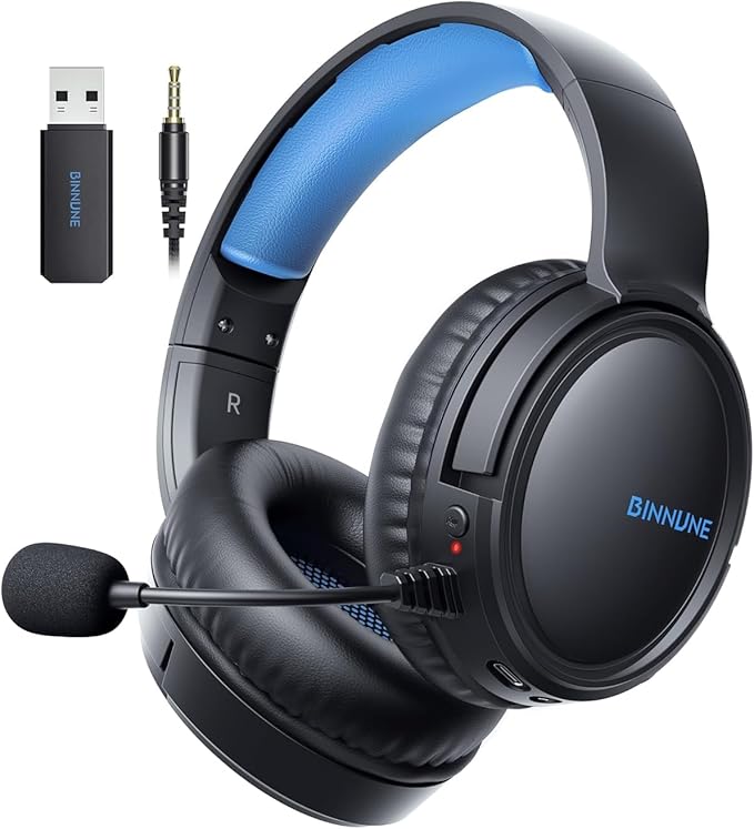 BINNUNE Wireless Gaming Headset — 2.4GHz Low-Latency USB Dongle + Bluetooth 50mm Drivers 7.1 Surround Noise-Cancelling Mic 40H Battery — Over Ear Wireless Headphones for PS5 PC Laptop Blue