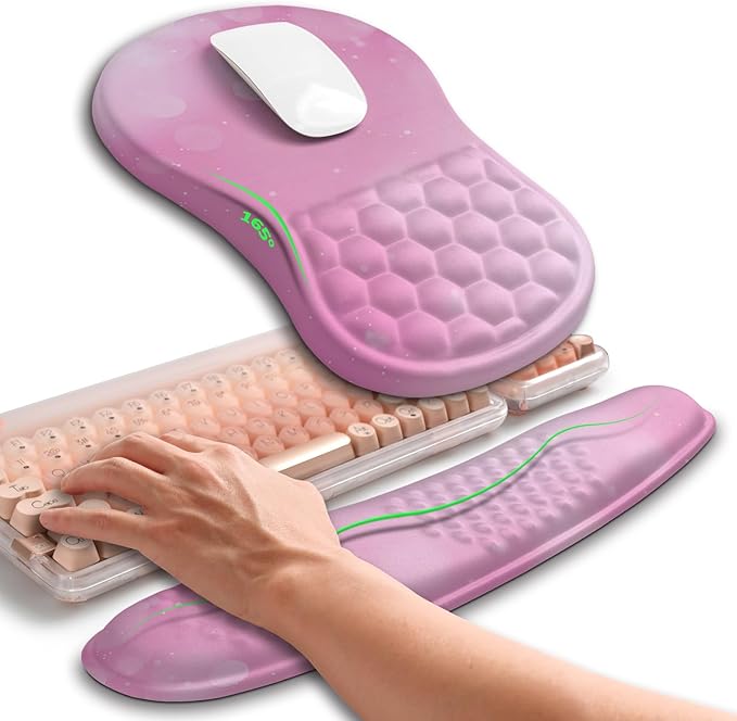 Hokafenle 2in1 Combination Wave Keyboard Wrist Rest and Ergonomic Curvature Mouse Pad Wrist Support for Relieve Wrist Pain Filled with Soft Cushion Memory Foam Romantic Pink