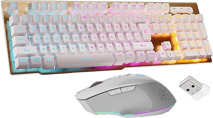 Rechargeable Gaming Keyboard Mouse Combo2.4G Wireless Backlit Mechanical Feeling Ergonomic Keyboards with Optical Mice Set for Computer Game (White)