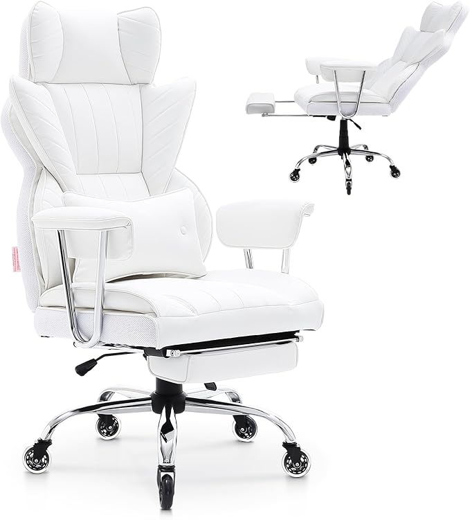 VEVOR Reclining Office Chair with Footrest Heavy Duty PU Leather Oversize Office Chair Big and Tall Executive Office Chairs with Lumbar Support Strong Metal Base Quiet Wheels White