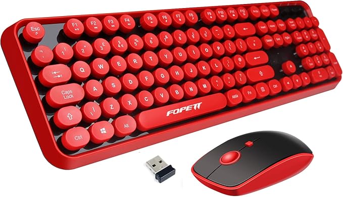 FOPETT Wireless Keyboard and Mouse Combo 104 Keys Full-Sized 2.4 GHz Round Keycap Colorful Keyboards USB Receiver Plug and Play for Windows Mac PC Laptop Desktop (Black Red)