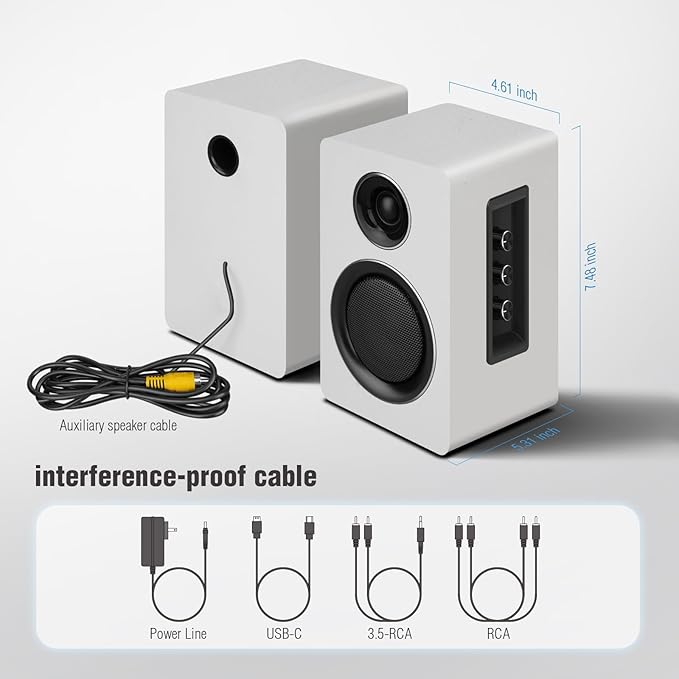 Computer Speakers for Desktop PC Active Bookshelf Speaker with 3‘’ Carbon Fiber Woofer and Silk Film Tweeter Supports Bluetooth 5.3 USB-C AUX/RCA Input for Record Player TV - White Stereo Set