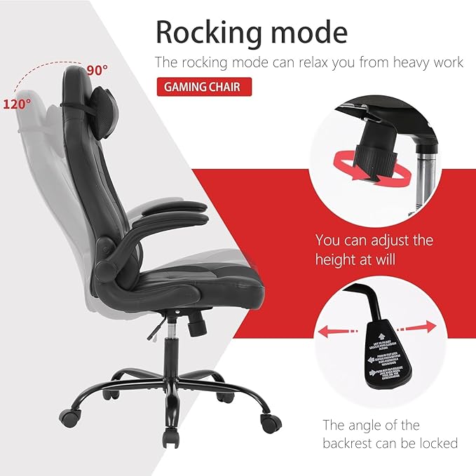 Gaming Chair High Back Computer Chair Egonomic Office Chair PU Leather Video Game Chairs Swivel Executive Chairwith Flip Up Arm Headrest Racing Chairs Rolling Chair for Adults Black