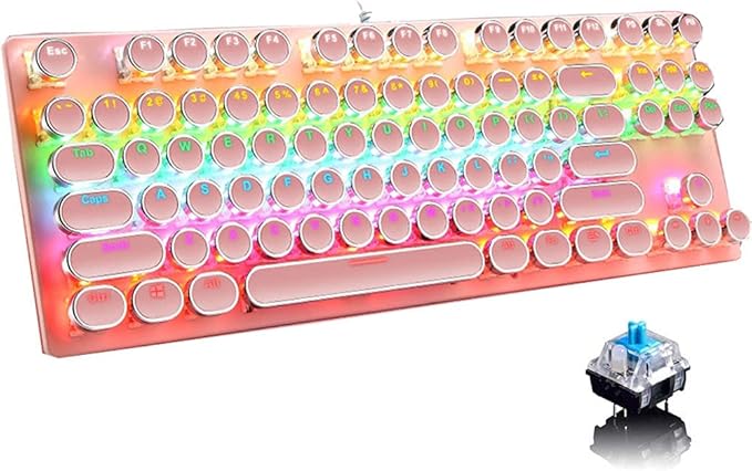 Mechanical Gaming Pink Keyboard87 Key Retro Punk Typewriter-StyleBlue Switch RGB Backlit KeyboardAnti-Ghosting USB Wired for PC Laptop Desktop Computer for Game and Office