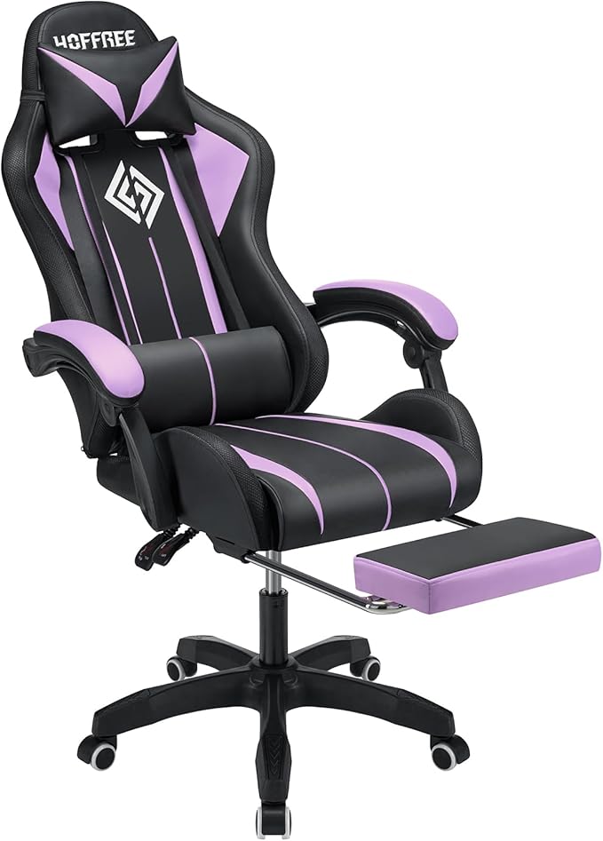 HOFFREE RGB Gaming Chair with Speakers Massage Computer Gaming Chair with LED Lights and Footrest High Back Video Game Chair for Adults Purple and Black