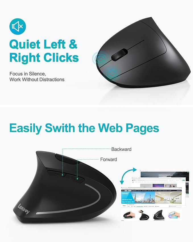 Lekvey Left Handed Ergonomic Mouse Vertical Wireless Mouse for Left Hand 2.4G USB Carpal Tunnel Lefty Mouse 3 Adjustable DPI 6 Buttons for Laptop PC Computer Mac Windows Desktop - Black