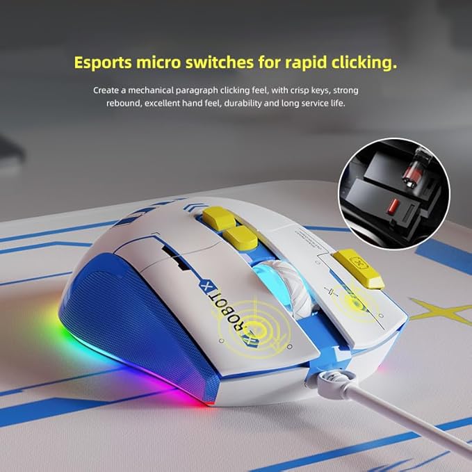 Wire Gaming Mouse Ergonomic RGB Mouse Programmable Gaming Mouse USB-C 7200 DPI Plug Play High-Precision Optical Sensor 8 Programmable Buttons Gaming Mice for PC &amp Laptop White