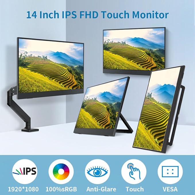 Portable Monitor Touchscreen 14USB-C &amp FHD External Display 100% sRGB Anti-Glare Eye CarePrivacy ProtectionLow-PowerVESA Mountable Travel Monitor for Laptop/Mac/Gaming/Office