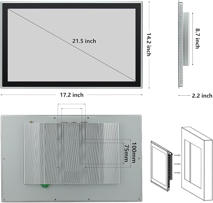21.5 inch Capacitive Multi-Touchscreen Industrial Embedded Win-10 PC Monitor IP65 Screen with 10 Points Touch Display i3+RAM 4G+128G SSD Integrated Phoenix2pin HD-MI-Out &amp USB Ports