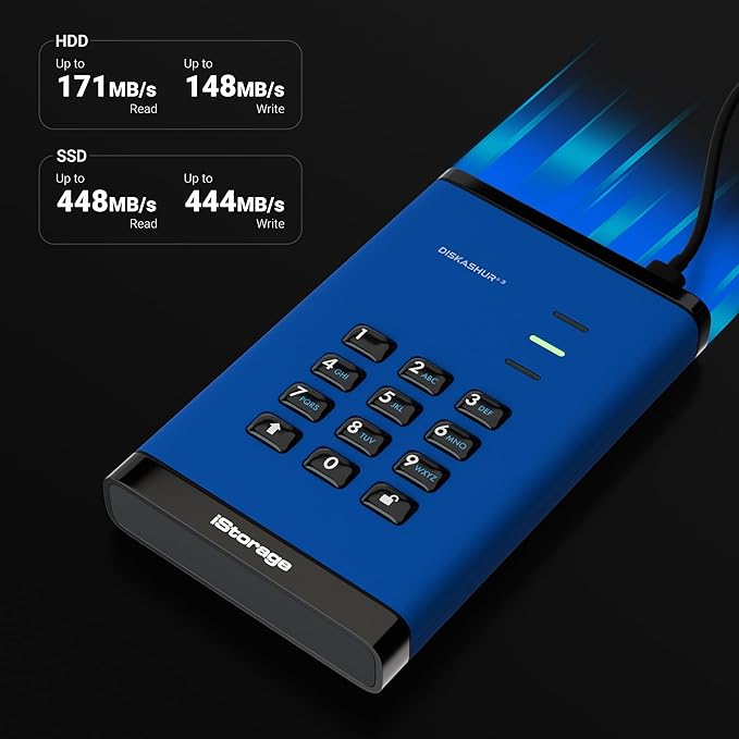 iStorage diskAshur3 HDD 5TB Blue - Secure Portable Hard Drive - Password Protected - Dust &amp Water Resistant - Hardware Encryption