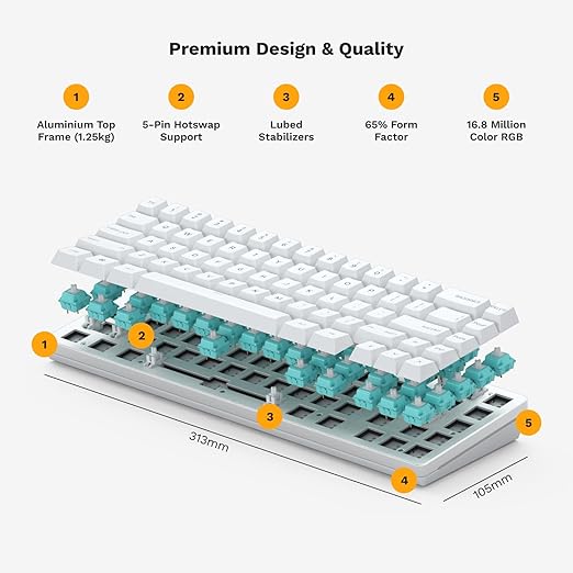 GLORIOUS Gaming GMMK 2 Compact 65% Barebones (Frame Only) - Mechanical Gaming Keyboard Frame Compact TKL Size (65%) Aluminium Customisable Per Key RGB American QWERTY Layout - White