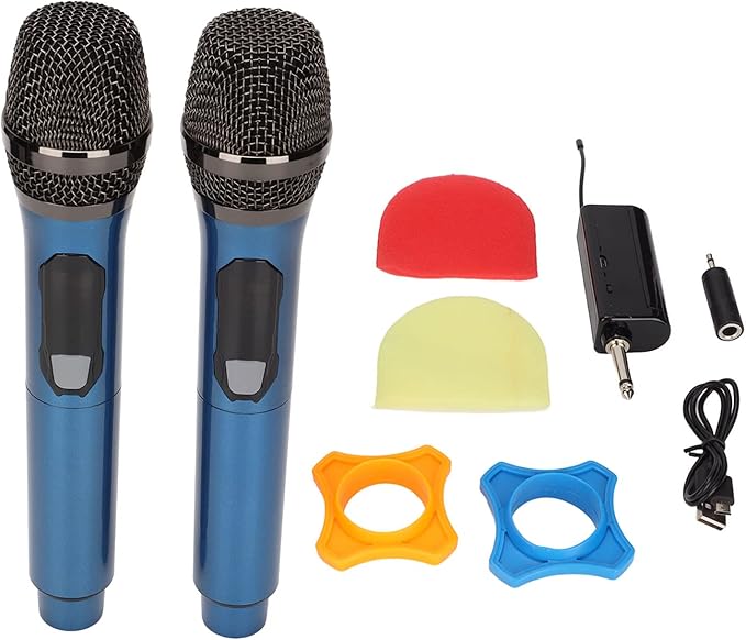 Cordless Microphone Dual Digital Dynamic Microphone with Receiver 50m Range 3.5mm Adapter Microphone with Smart LED Display for Singing Karaoke Meeting Wedding (Blue)