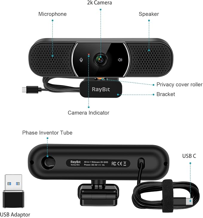 3 in 1 Webcam - 2K HD USB C Webcam with Microphone and Speaker Stereo Sound &amp Noise-Cancelling Mics Privacy Cover Light Correction Autofocus Conference Web Camera for Computer/Laptop/PC/Monito