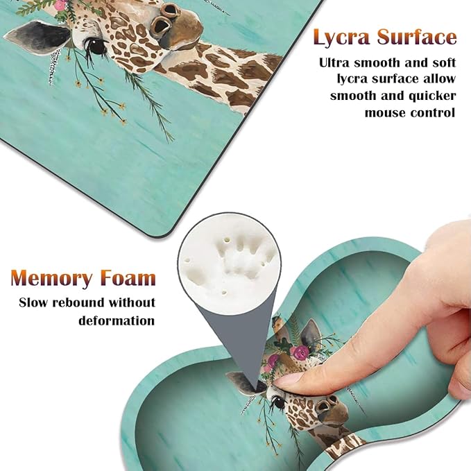 Keyboard Wrist Rest Pad + Square Mouse Pad + Wrist Rest Support Pad + Coaster Ergonomic Memory Wrist Rest Support 4-Piece Combo Set for Gaming and Office Green Rustic Wood and Giraffe