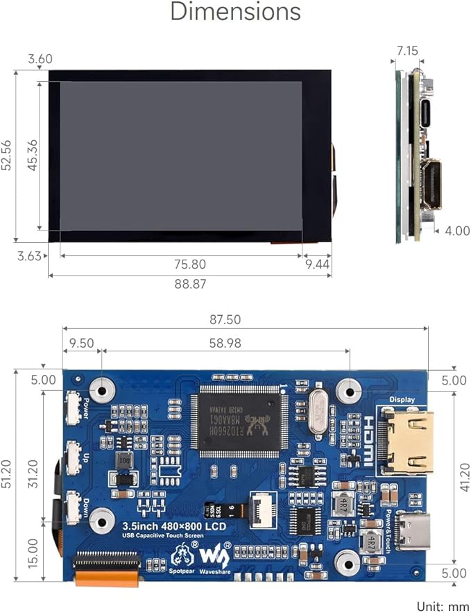 waveshare 3.5inch IPS Capacitive Touch LCD Display Compatible with Raspberry Pi 5/4B/3B/Zero/Zero W/Zero 2W/Pico/Pico W/Pico WH 480×800 Adjustable Brightness