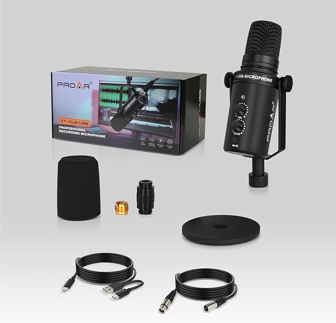 XLR/USB Dynamic MicrophonePC Computer Microphone for PodcastingVocal RecordingLive StreamingGamingVoice-OverAll Metal Professional Studio Mic Kit with Noise CancellingUSB-C Port
