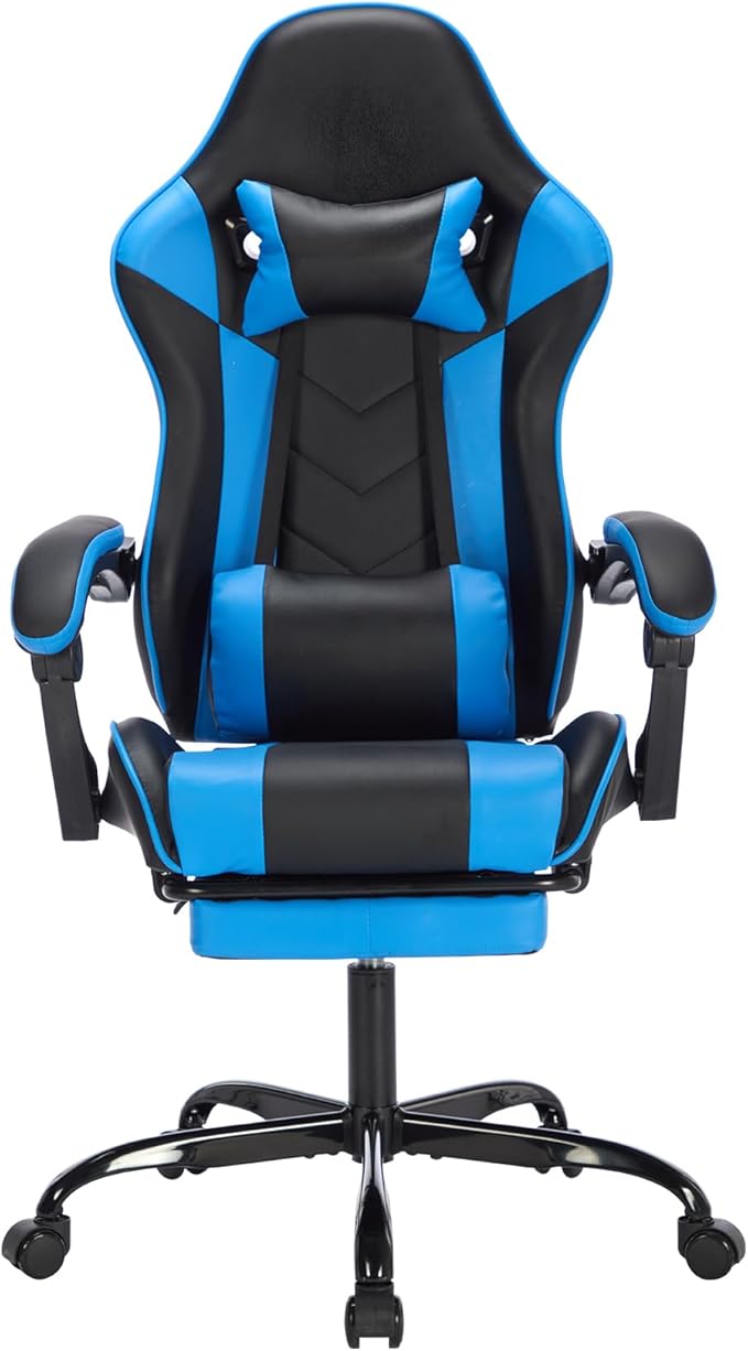 Ergonomic Gaming Chair Racing Style - High Back Gamer Chair with Footrest Adjustable Lumbar Massage Linkage Armrests &amp 90-135° Recline - Leather Computer Game Chair for Adults Black+Blue