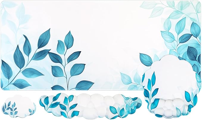 Conmputer Desk Mat Set 4 in 1 Cloud-Shaped Ergonomic Wrist Rest Set Mouse Pad with Non-Slip Base Memory Foam Silicone Lining Keyboard Wrist Rest Computers Offices Gaming Blue Stained Leaves