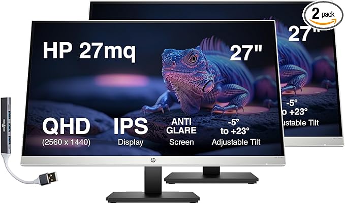 HP 27 QHD IPS Monitor with 5ms Response Time Anti Glare Flicker Free VESA Mount (100 x 100 mm) VGA HDMI &amp Dockztorm USB Port Expander Black/Silver Color 2 Pack