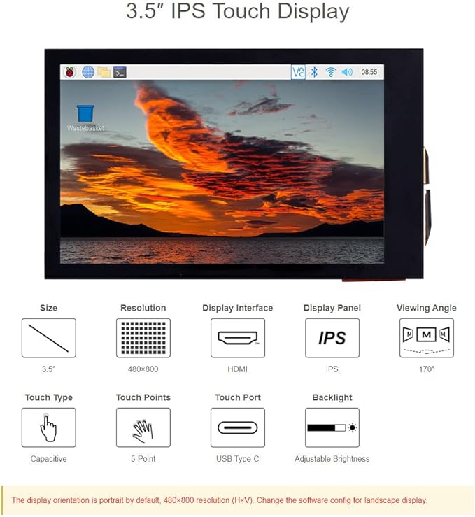 3.5 Inch LCD Display 3.5inch HDMI Touch Screen Touchscreen for Raspberry Pi 4B+ 4B 3B+ 3B 2B+ Zero W WH 2 W Jetson Nano PC 480x800 Adjustable Brightness IPS Display