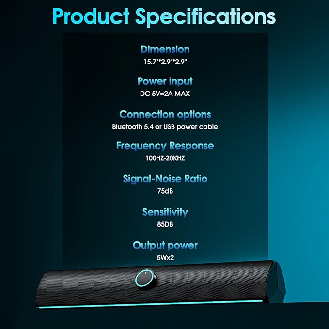 Computer Speakers for Desktop PCComputer Sound bar2600mAh PC SoundbarBass BoostHiFi Stereo Bluetooth Desktop Speakers with Touch Buttons for LaptopsPhoneGreat for GamersFamilies