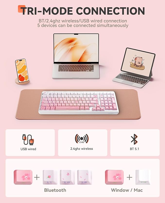 DAREU EK98pro Sakura Pink Wireless Mechanical KeyboardTri-Mode BT/2.4GHz/USB-C Creamy Gaming Keyboard with Number PadGasket StructureHot Swappable CustomRGB Backlit for Win/Mac