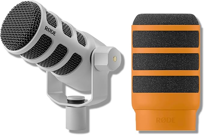 Rode PodMic (White) Cardioid Dynamic Broadcast Microphone with WS14 PodMic Pop Filter - Orange
