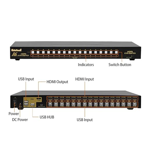 JideTech HDMI USB KVM Switch 16 Port Up to 4K@30Hz Resolution with USB 2.0 Hub Support Hotkey Mouse Switching for Linux Windows Mac Unix