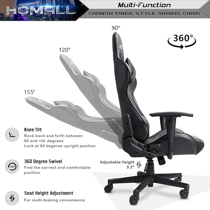 Homall Gaming Chair Office Chair High Back Computer Chair Leather Desk Chair Racing Executive Ergonomic Adjustable Swivel Task Chair with Headrest and Lumbar Support (Dark Black)